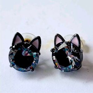 NIB Bella Jack Stud Earrings Hematite Tone Cat Head Black Cubic Zirconia Accent